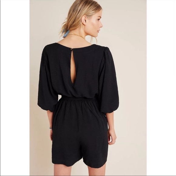 Anthropologie Francesca Balloon Sleeve Textured Romper Black Sz Small - Picture 2 of 12